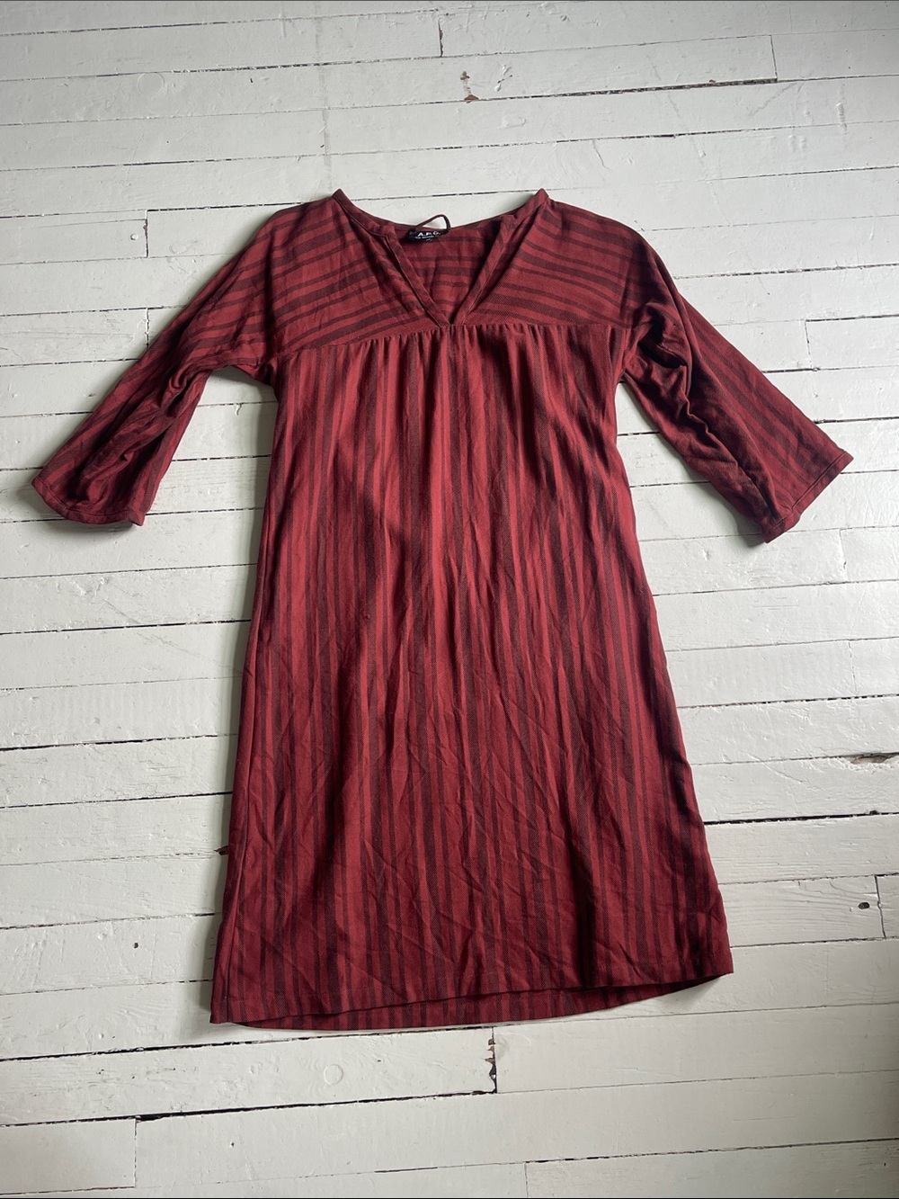 A.P.C. Red Striped Quarter Sleeved Cotton Midi Dress